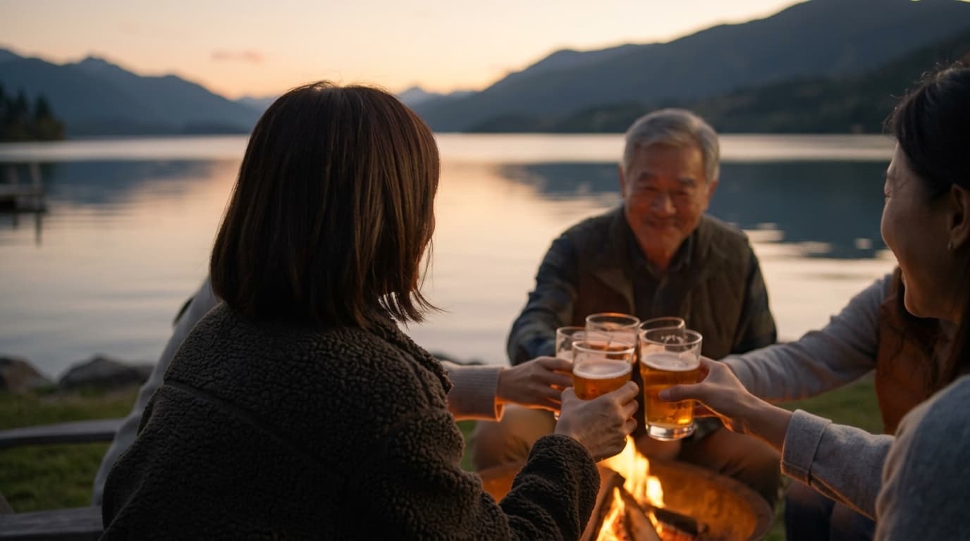 湖畔夕陽下圍著營火舉杯的旅人